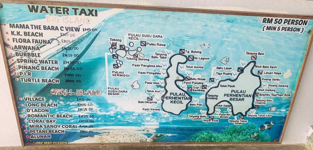 cartina per i Water taxi in malesia, come arrivare alle isole Perhentian