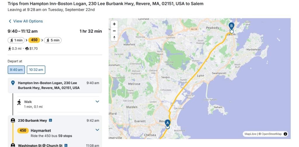 mappa da Boston a Salem ad Halloween